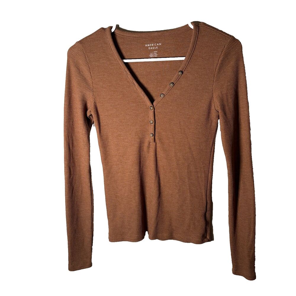 American Eagle T-Shirt Women's XS V-Neck Henley Long Sleeve Thermal Waffle